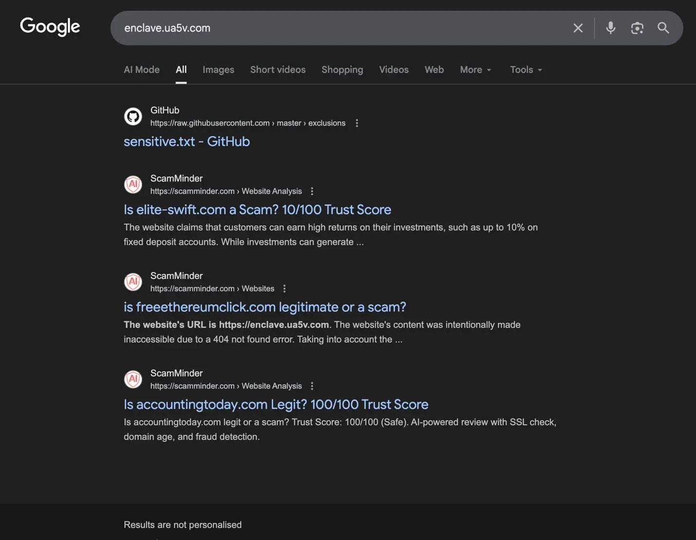 A search for the Google Authenticator URL returns only a few non-informative results (Source - Unit42)
