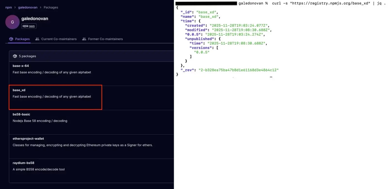 The galedonovan profile (Source - Socket.dev)
