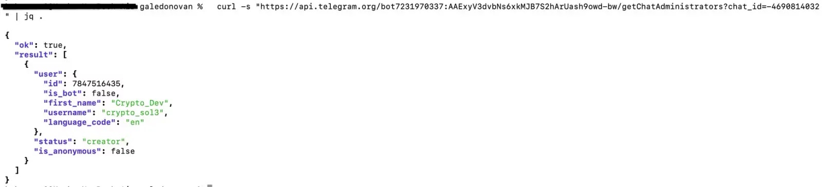 Telegram Bot API getChatAdministrators response (Source - Socket.dev)