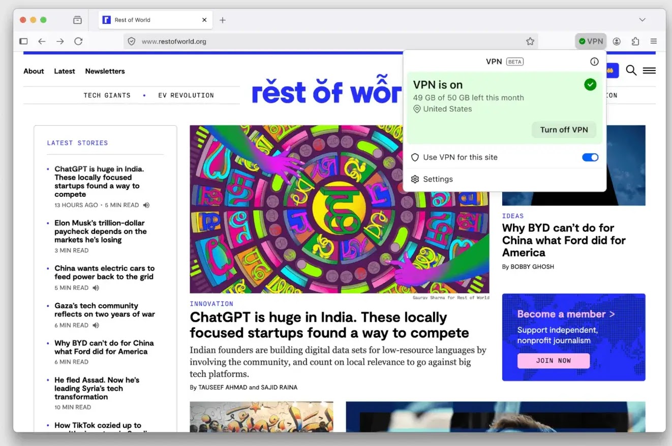 Firefox adds a free VPN with 50 GB/month to hide your IP and location(source : firefox)