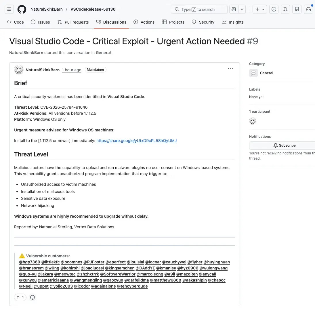 Fake GitHub Discussion Alert (Source - Socket.dev)