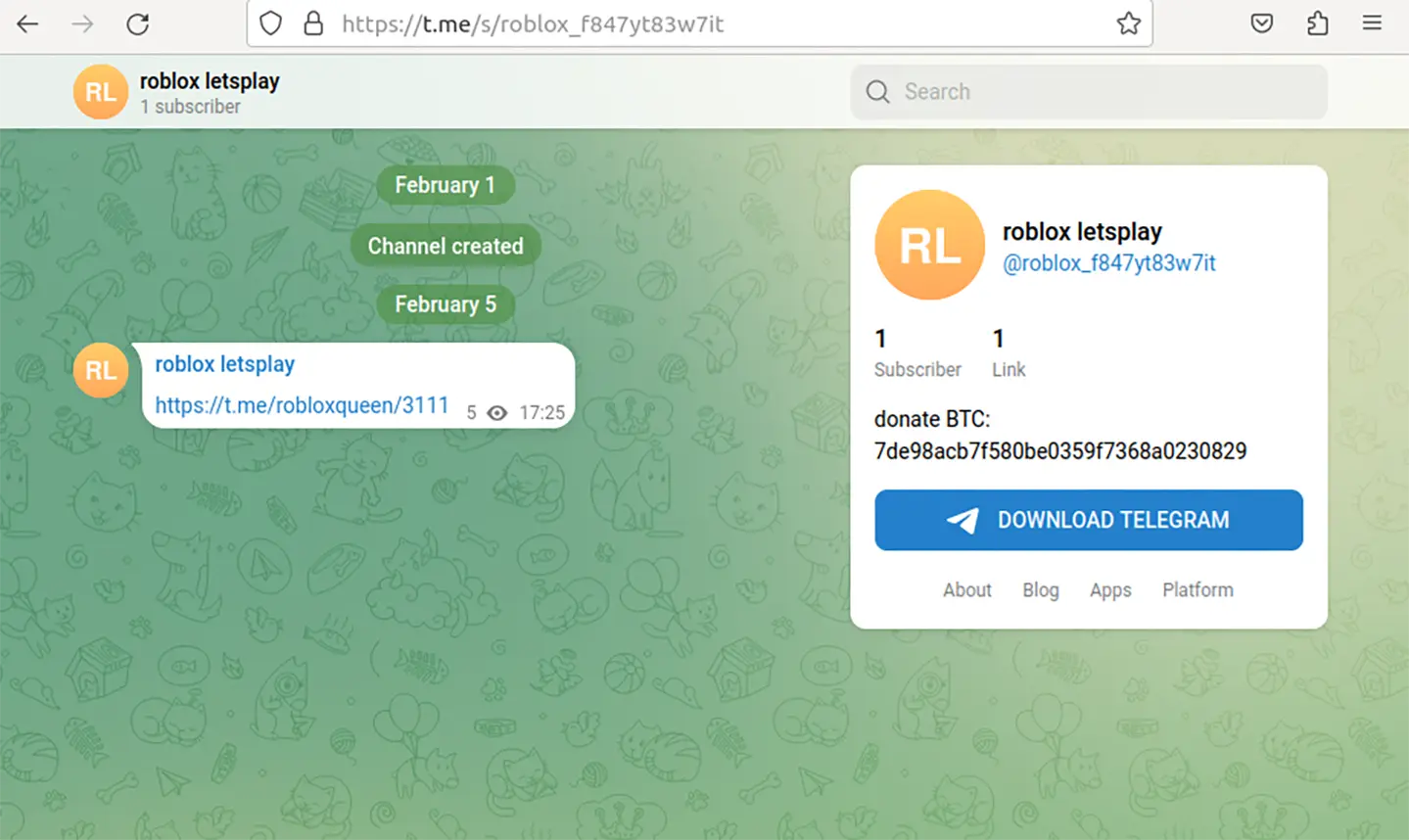 Telegram channel from which key and final stage URL are downloaded (Source - ReversingLabs)