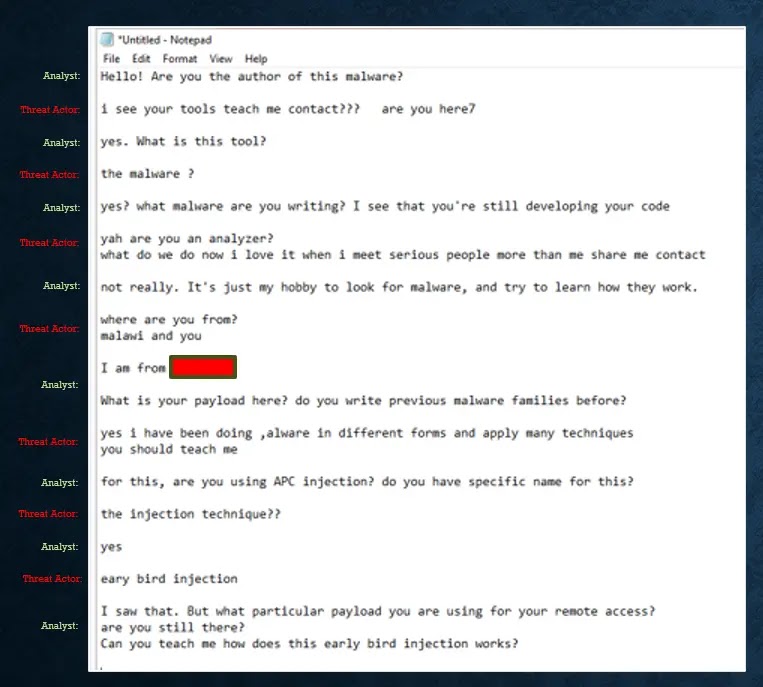 Direct Interaction with Threat Actor via Notepad During Analysis (Source - G DATA)