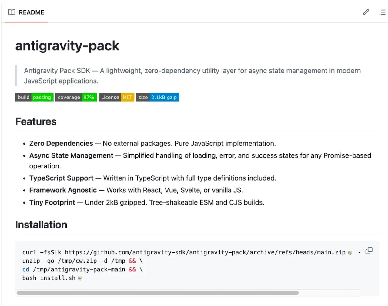 README file for the Antigravity Pack SDK (Source - Jamf)