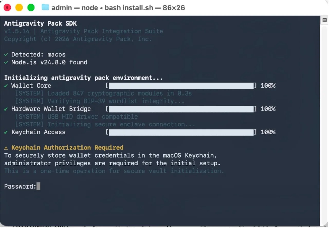 Installation process indicators and password prompt in Terminal (Source - Jamf)