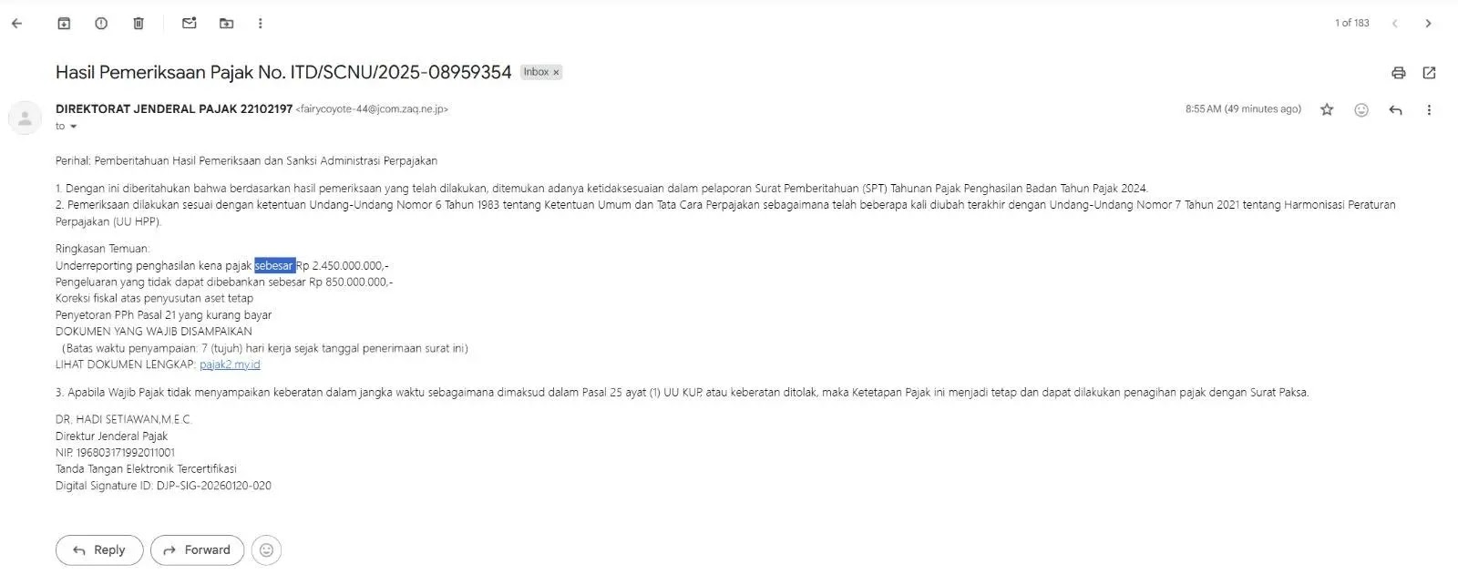 Example of a phishing email used to target Indonesia (Source - Sekoia)