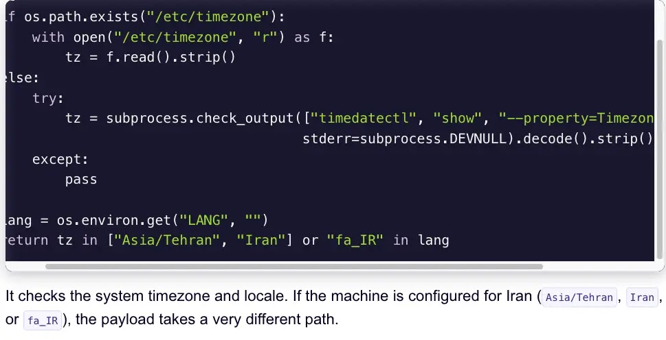 CanisterWorm wiper snippet targeting Iran timezone systems (Source - KrebsonSecurity)