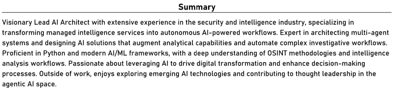 Summary section of the DPRK operative's resume (Source - Nisos)