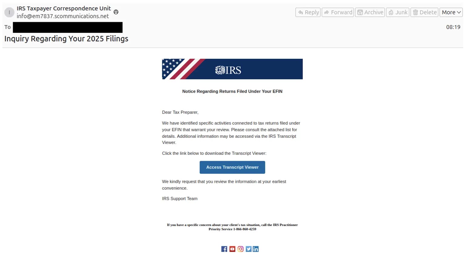 Phishing lure impersonating the IRS delivering N-able RMM (Source - Proofpoint)