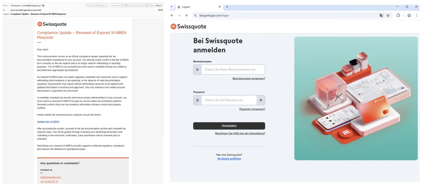 TA2730 email impersonating Swissquote (left) and malicious phishing landing page impersonating the company (right) (Source - Proofpoint)