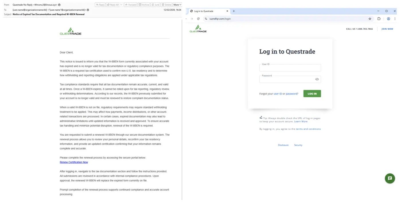 TA2730 email impersonating Questrade (left) and malicious phishing landing page impersonating the company (right) (Source - Proofpoint)