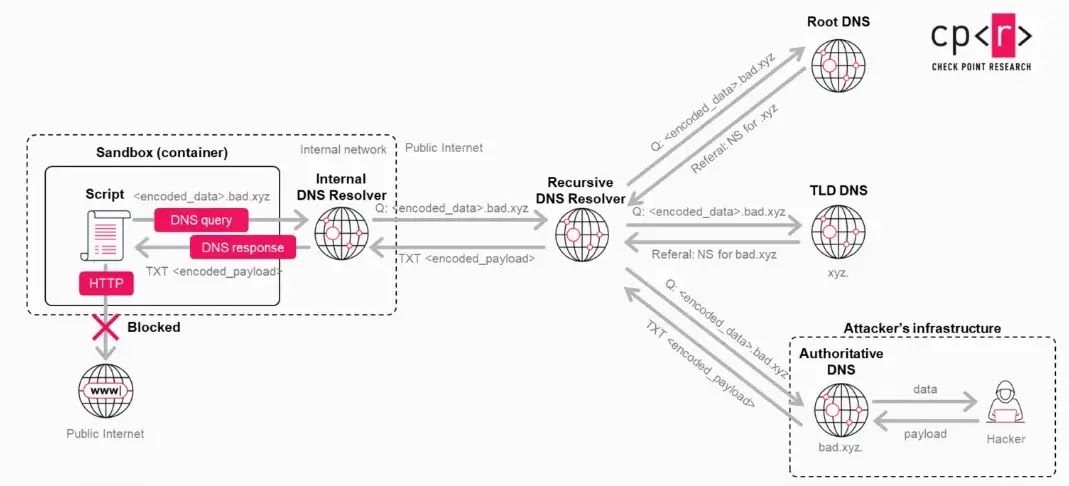 DNS tunneling flow(source : checkpoint research)