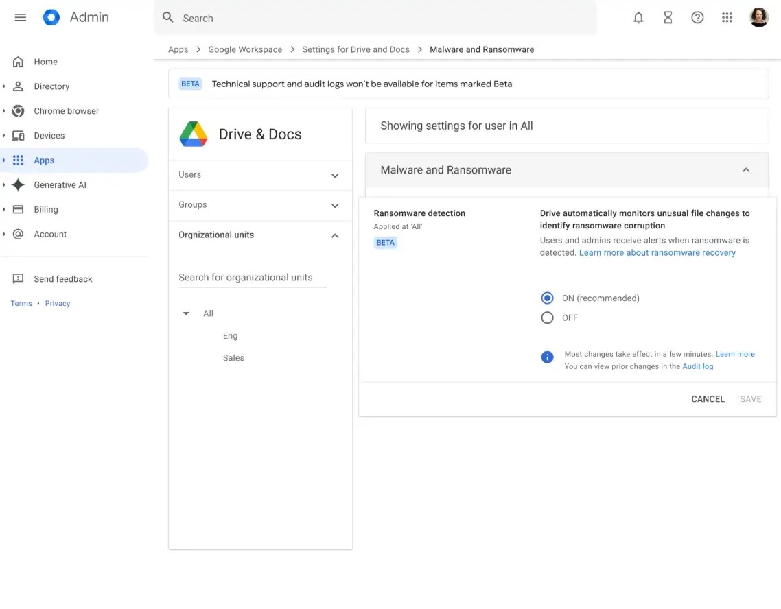 The Admin console setting for ransomware detection (Source: Google)
