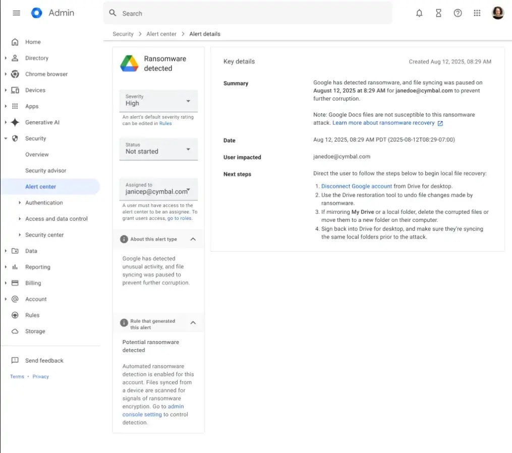 Alert detail on the ransomware detection (Source: Google)