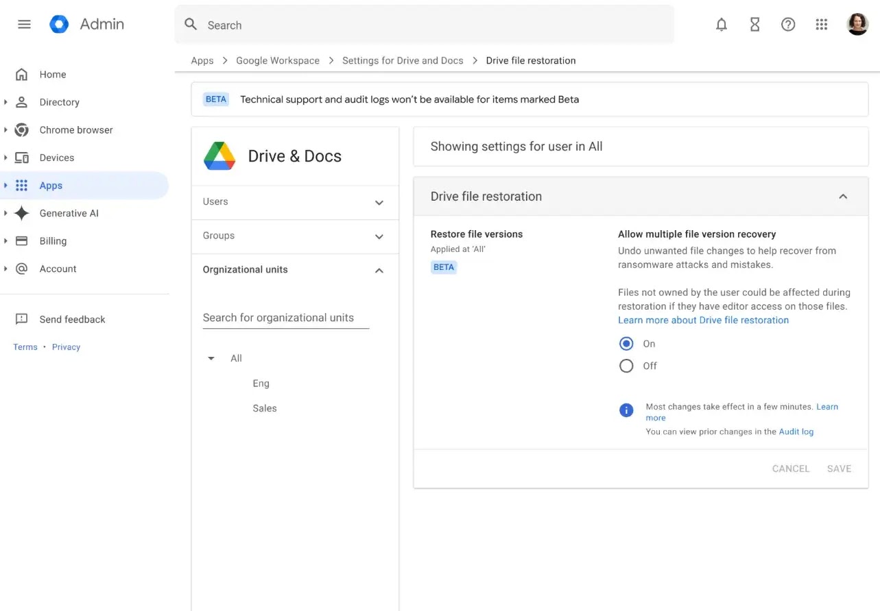 The Admin console setting for Drive file restoration  (Source: Google)