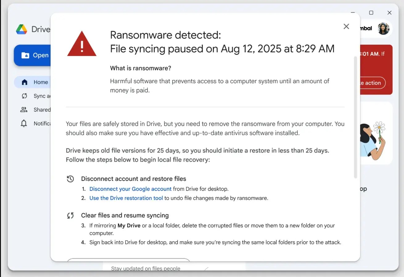 End user alert in Drive for desktop when ransomware is detected(Source: Google)