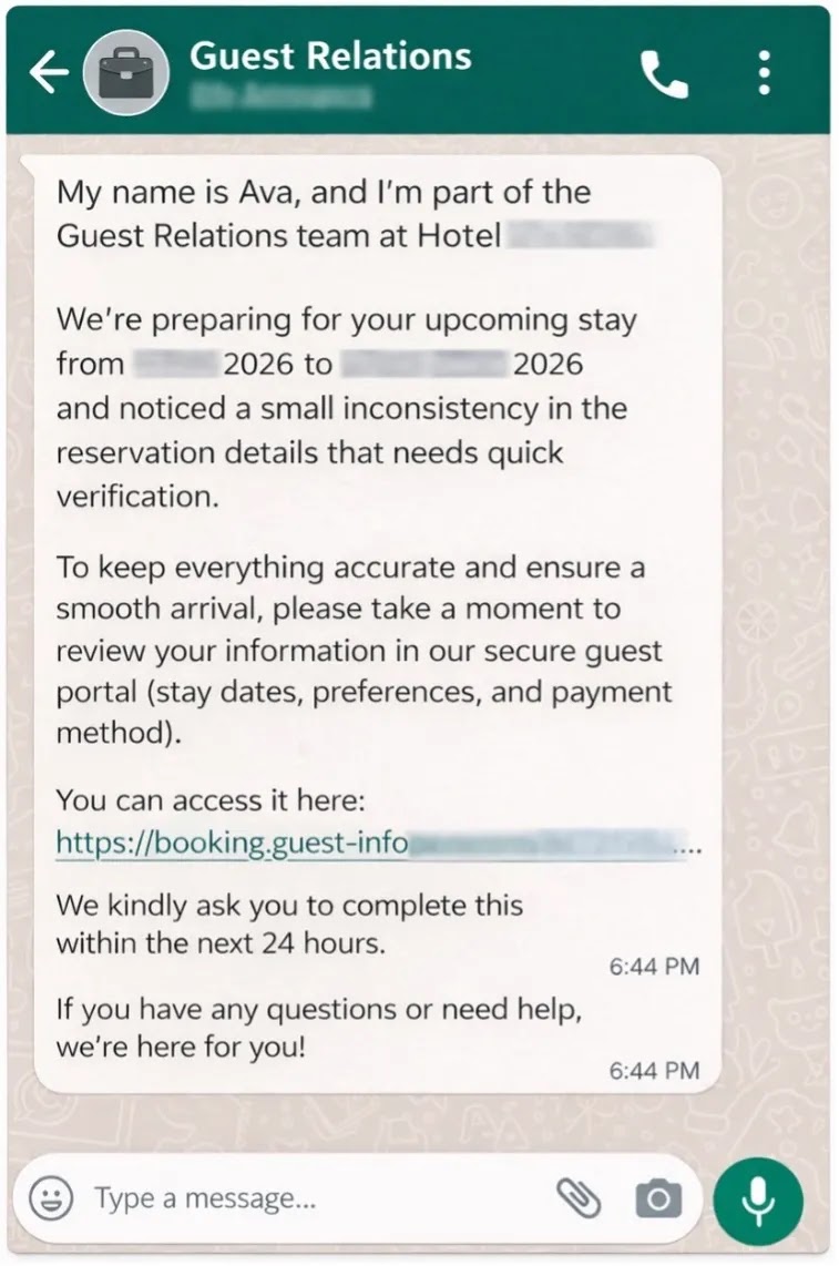Scam message received by a victim using data from a real reservation (Source - GenDigital)