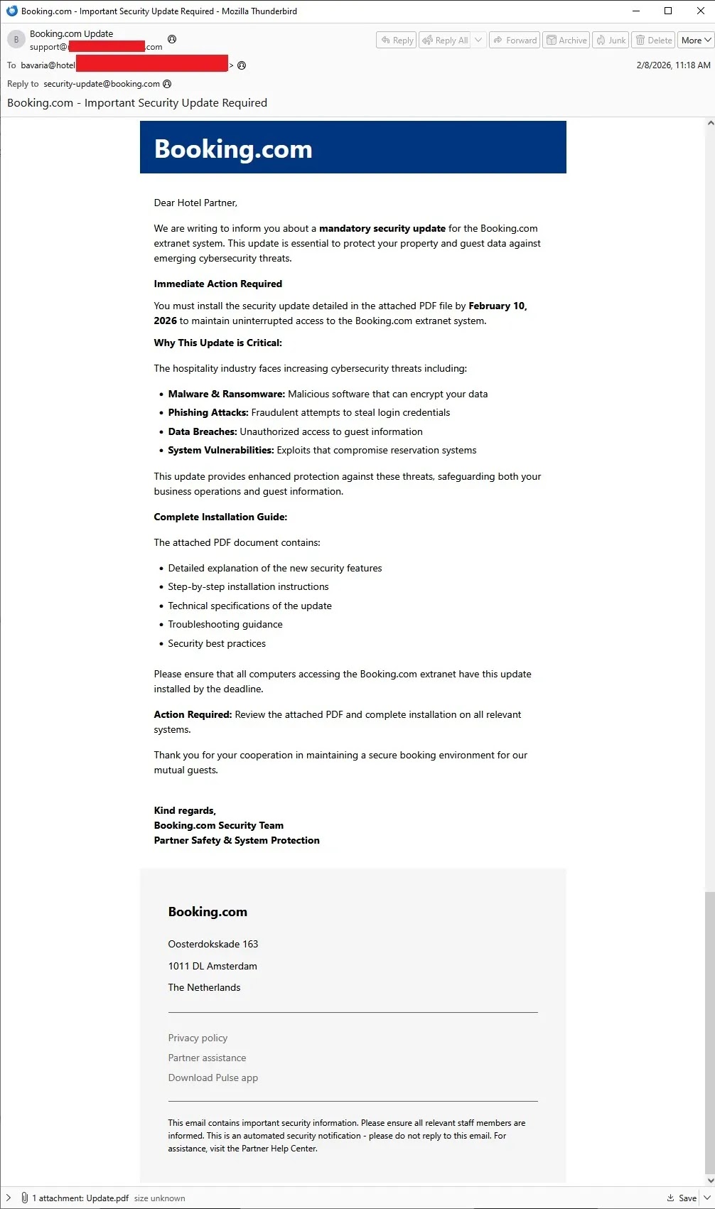 Phishing e-mail message posing as Booking.com security team (Source - GenDigital)