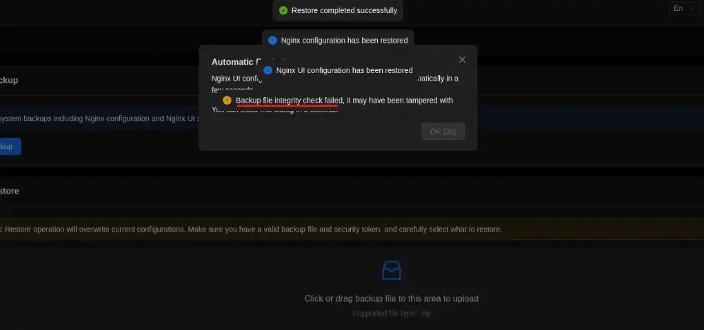 The system accepts the modified backup (Source: Github)