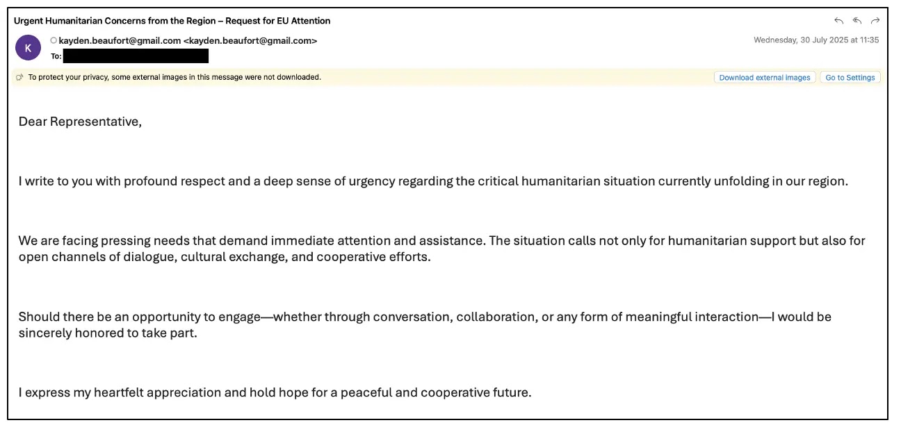 TA416 'humanitarian concerns' web bug phishing email from July 2025 (Source - Proofpoint)