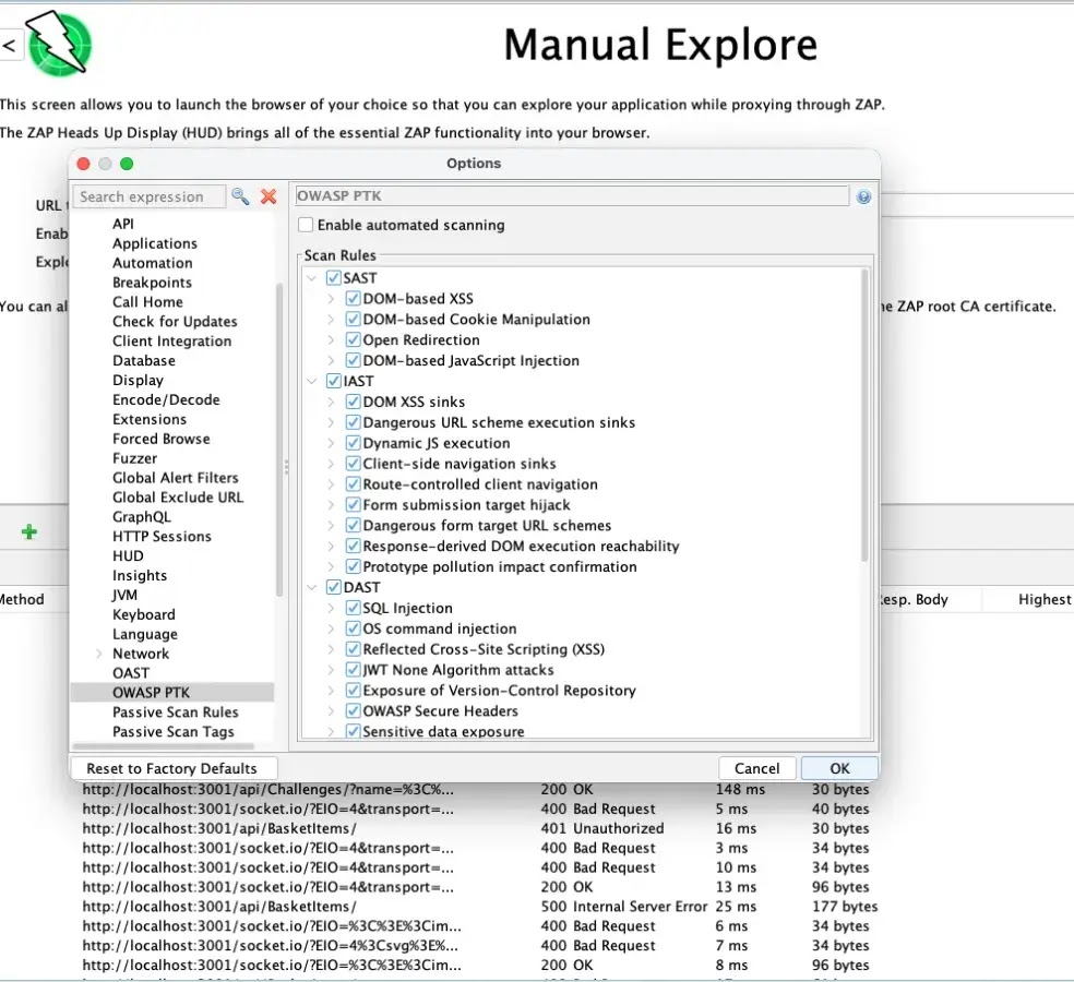 Configure PTK scanning options in ZAP (Source: Zaproxy)