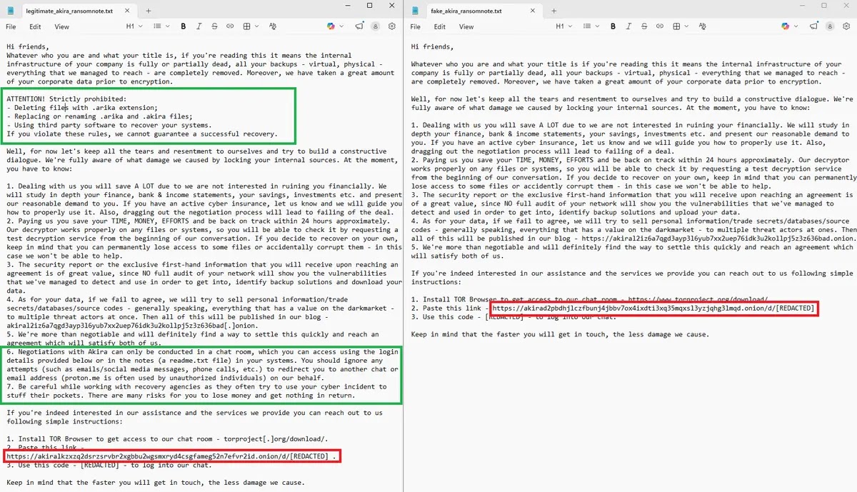 Ransom note content mimicking Akira's Tor URLs and overall message structure (Source - X)