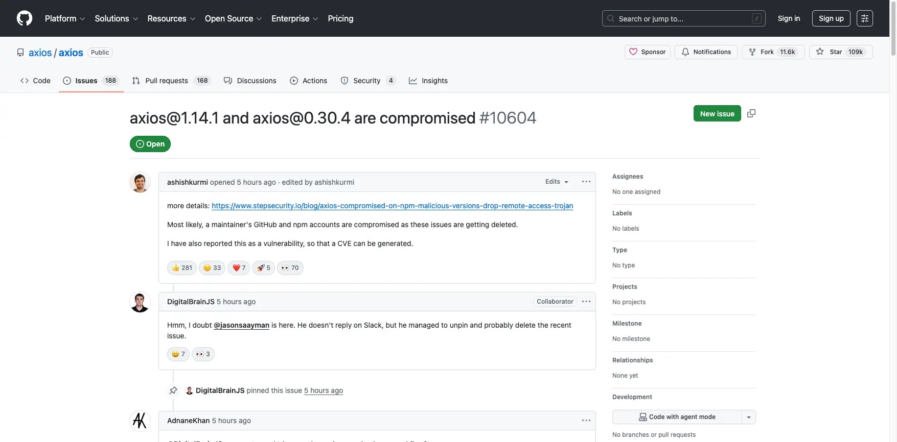 GitHub issue #10604 — the Axios collaborator confirming the compromised maintainer has admin permissions (Source - Trend Micro)