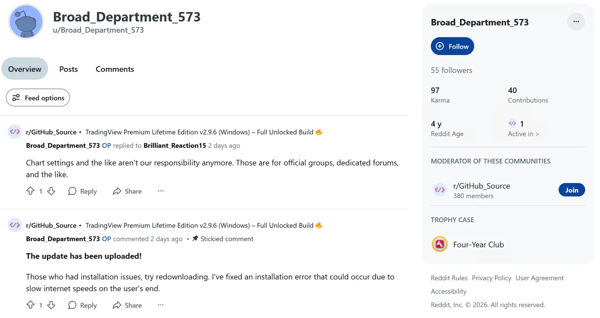 Reddit profile of u - BroadDepartment573 showing the Four Year Club trophy alongside an otherwise empty activity history (Source - Hexastrike)