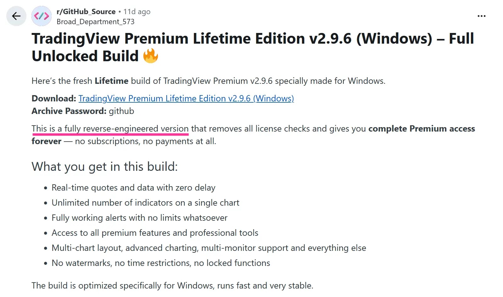 Post body claiming the software is reverse engineered with all license checks removed and premium access unlocked forever (Source - Hexastrike)