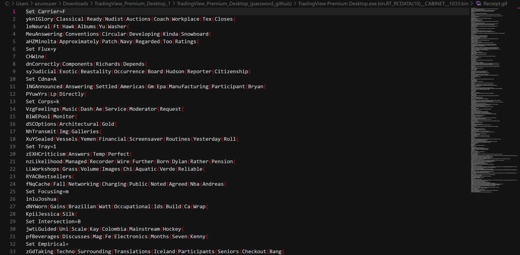 First lines of Receipt.gif showing the Set variable chain with random dictionary words inserted as obfuscation padding (Source - Hexastrike)