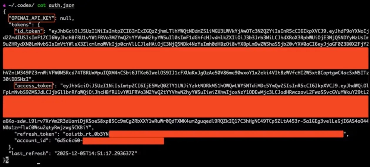 Codex authentication tokens stored in auth.json(source :beyondtrust)
