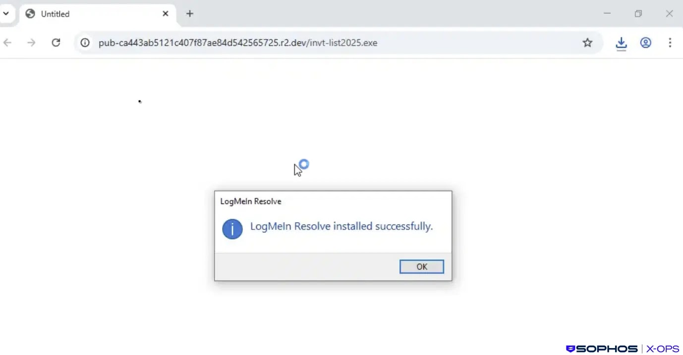 Following execution of the downloaded binary, LogMeIn Resolve is installed (Source - Sophos)
