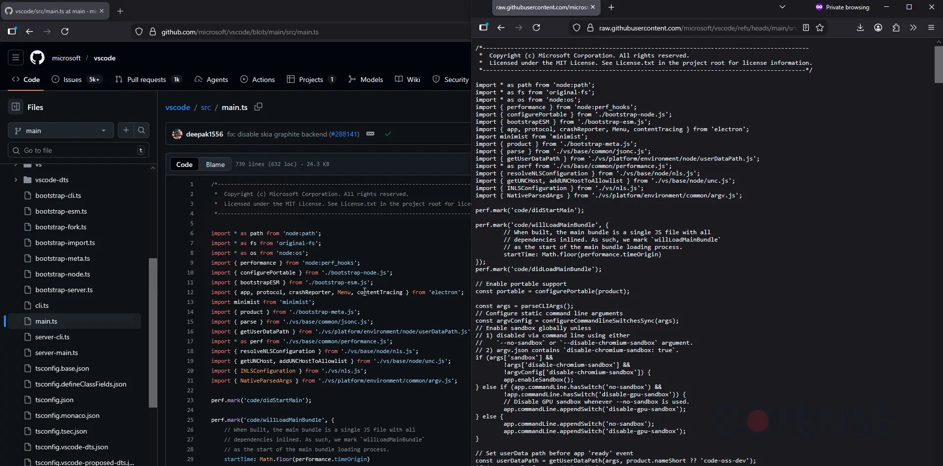A file viewed through GitHub's UI vs githubusercontent's plaintext version (Source - Cofense)