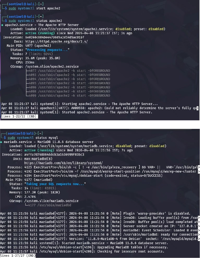 Terminal showing Apache and MariaDB status (Source - Cyfirma)
