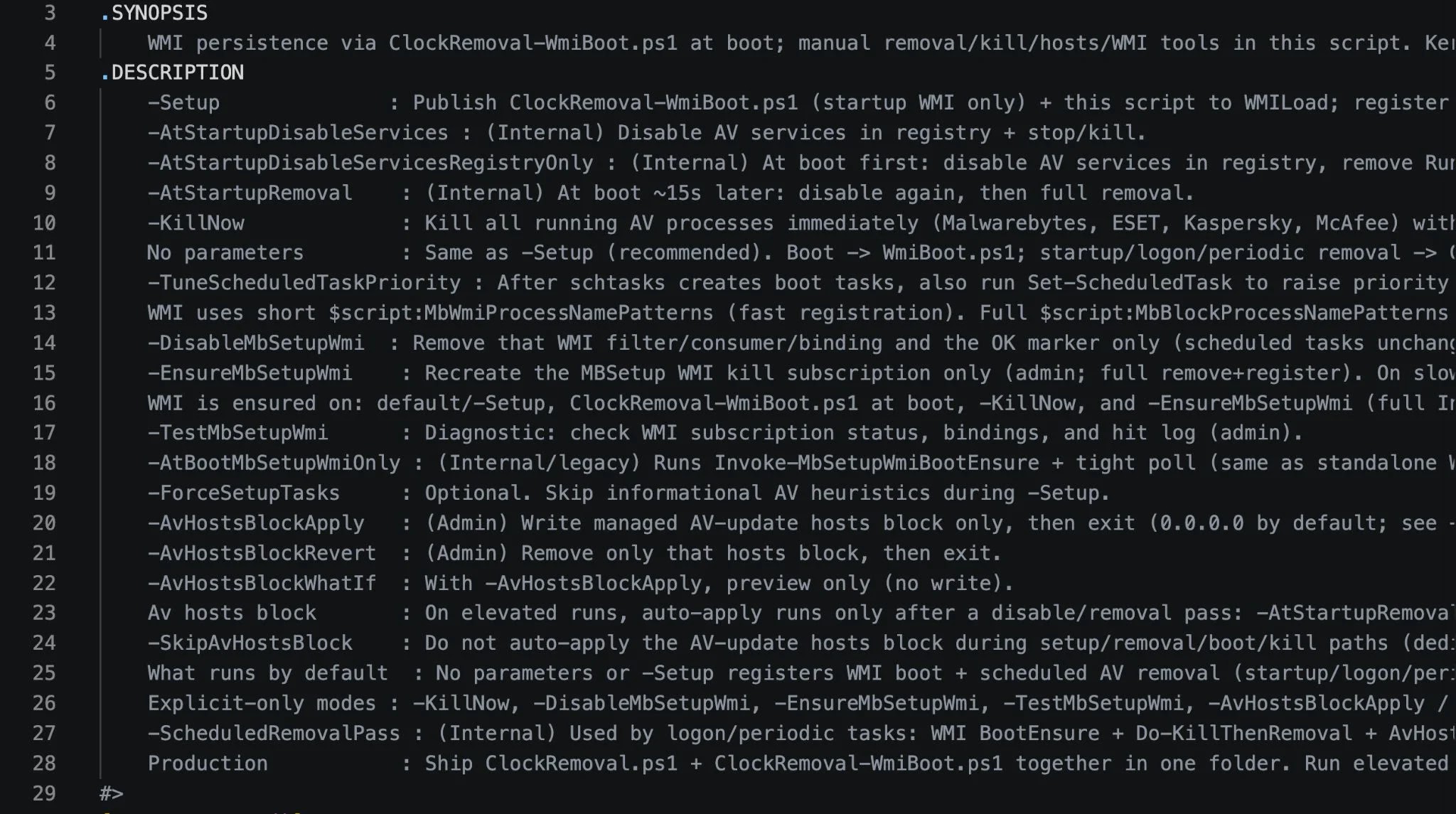 Synopsis at the start of !_StringData - ClockRemoval.ps1 (Source - Huntress)