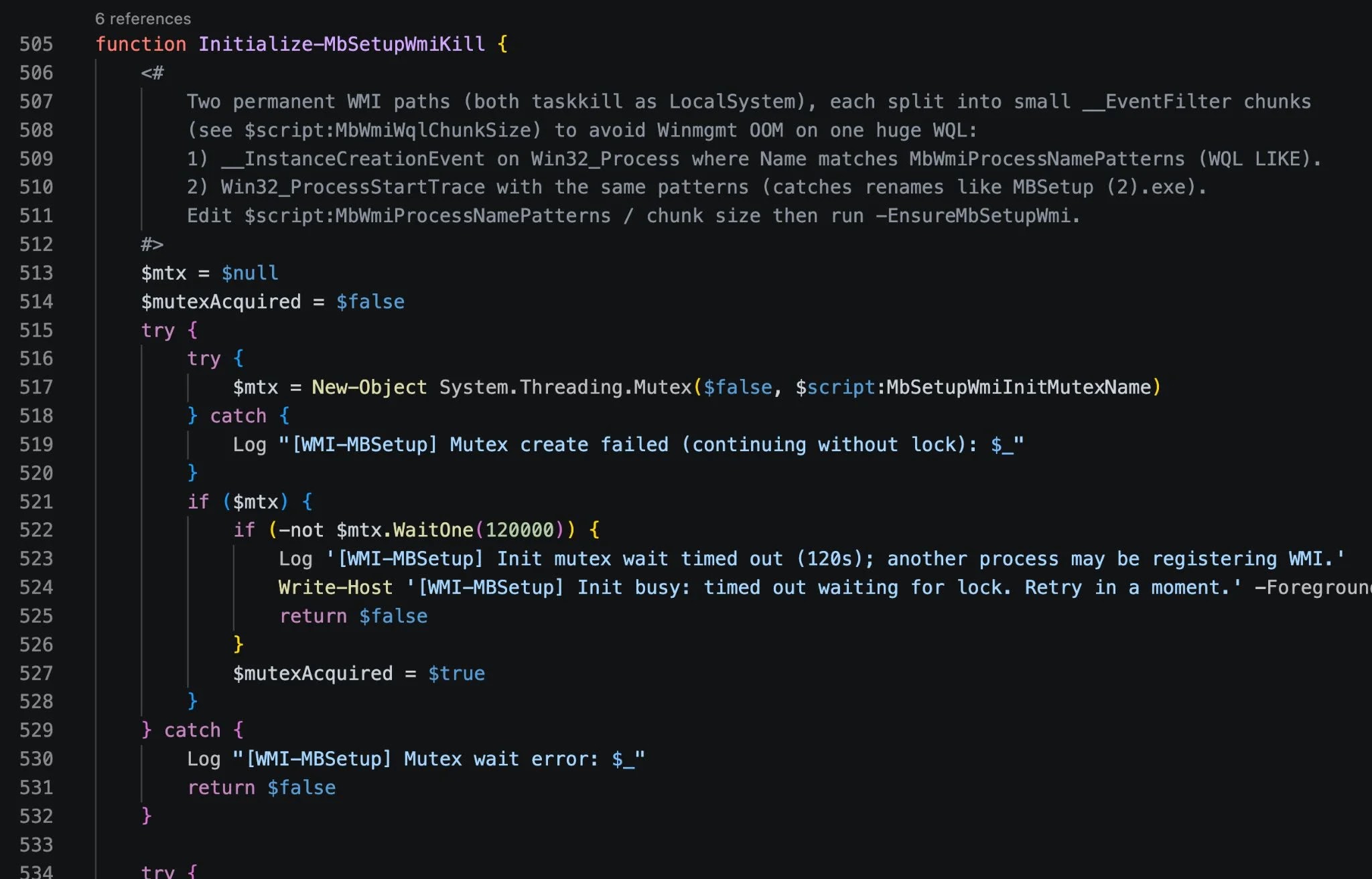 Portion of function Initialize-MbSetupWmiKill in !_StringData - ClockRemoval.ps1 (Source - Huntress)