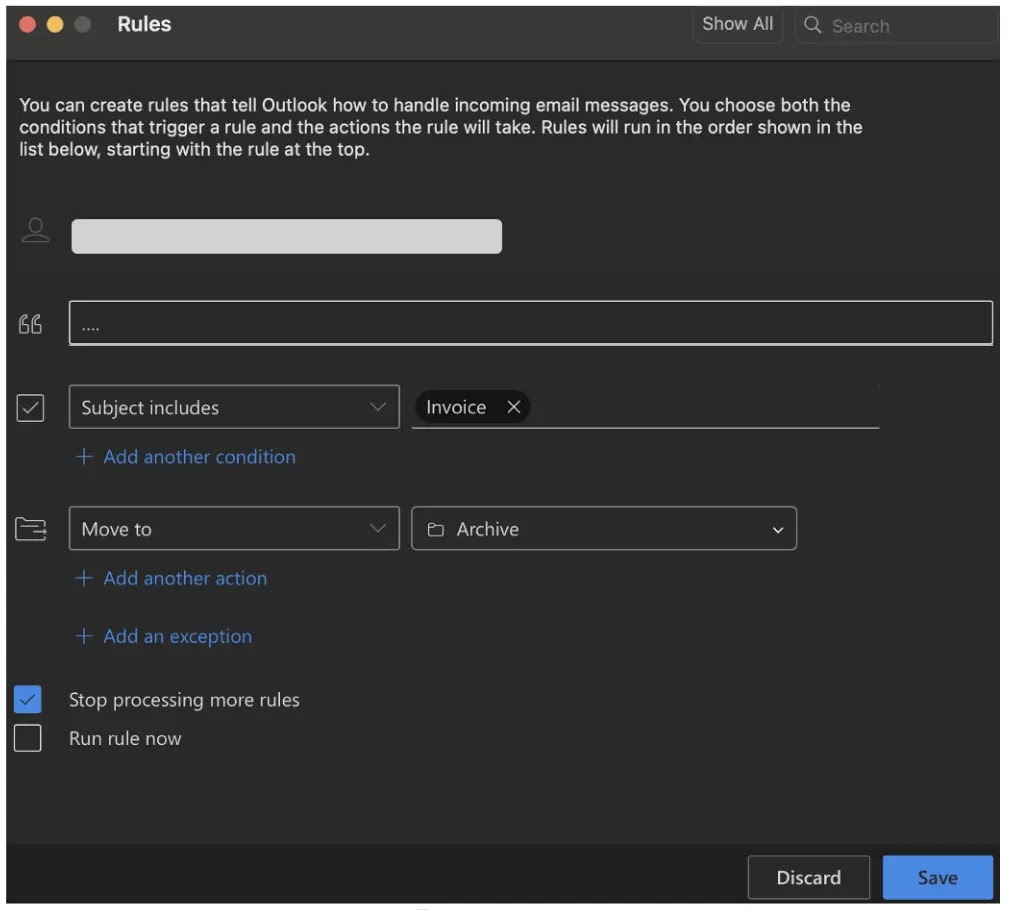 Rule Creation Example in Microsoft Outlook (Source - Proofpoint)