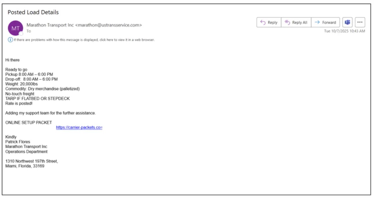 Email sent to a carrier responding to a fraudulent load posted on a load board (Source - Proofpoint)