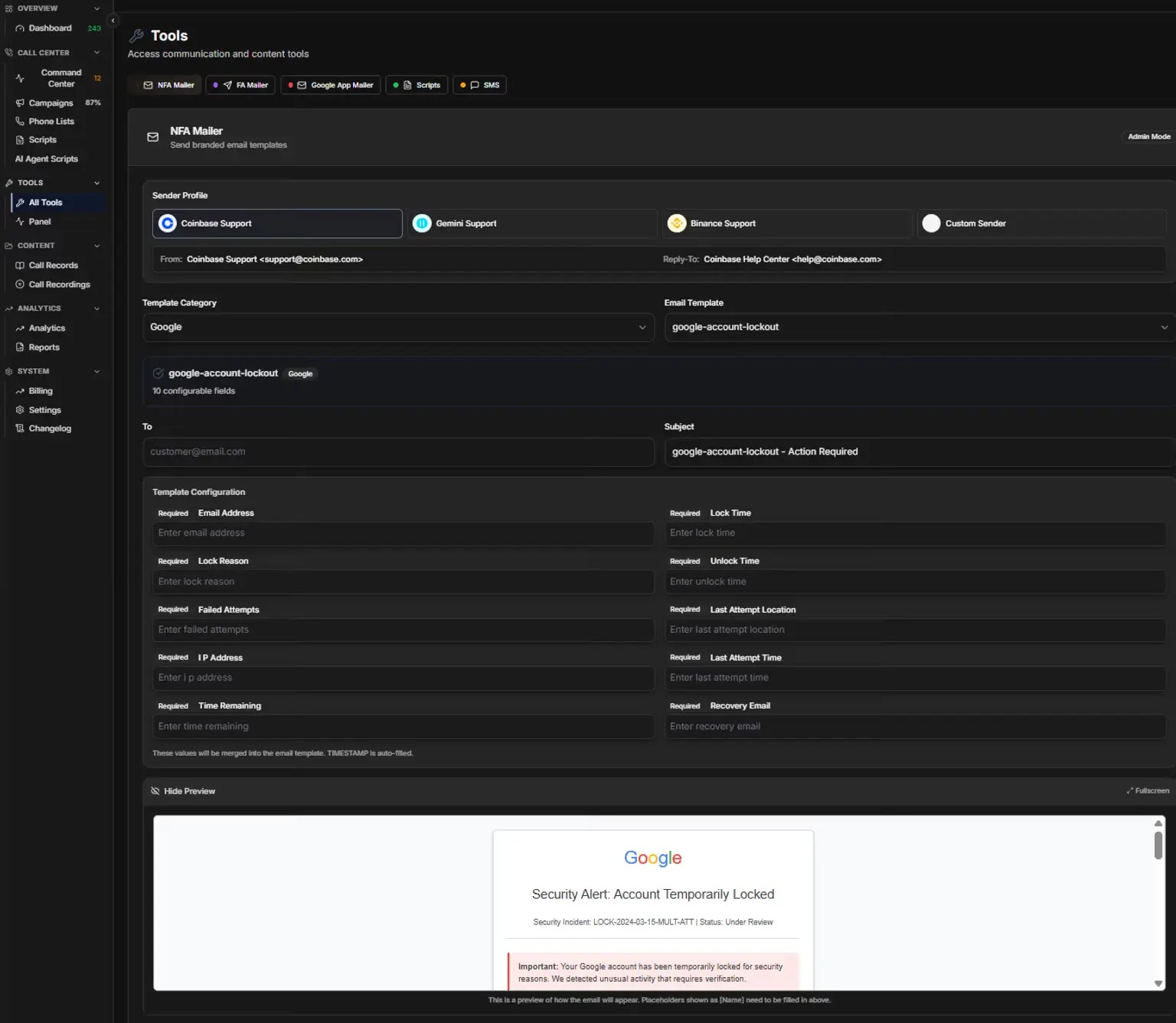 NFA Mailer with Google account lockout notification template and email preview (Source - Abnormal)