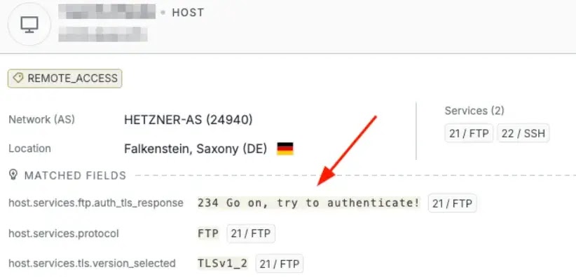 FileZilla server responding with a funny TLS response(Source: Censys)