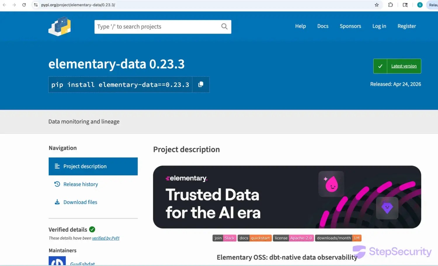 The malicious elementary-data 0.23.3 release was listed as the latest on PyPI(source :  stepsecurity)